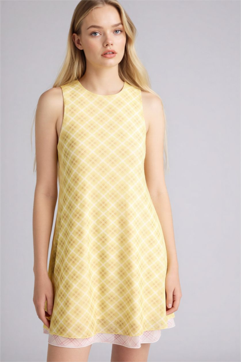 Женщины Зеленый Платье с коротким рукавом мини с горловиной халтер в клетку Ажурная