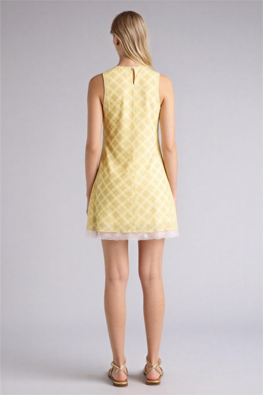 Женщины Зеленый Платье с коротким рукавом мини с горловиной халтер в клетку Ажурная