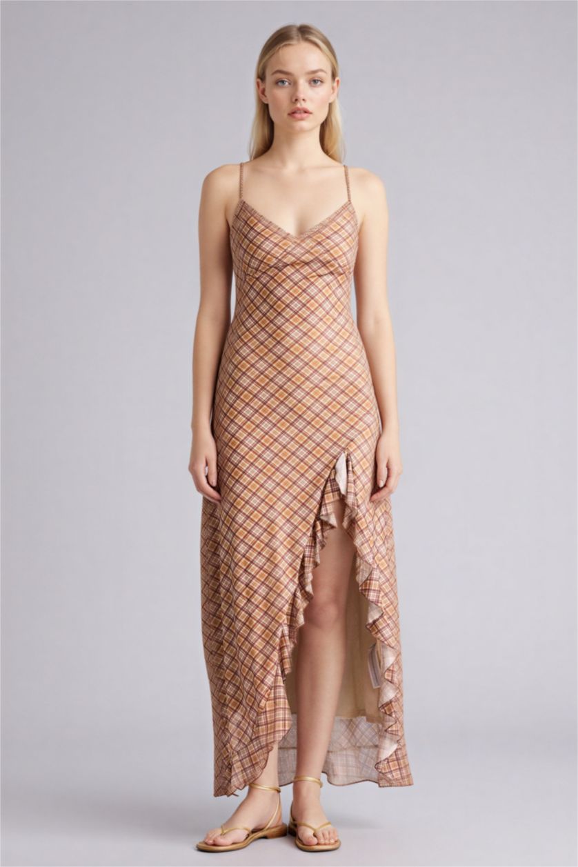 Женщины Коричневый Платье с коротким рукавом макси на бретельках с принтом животных Ажурная