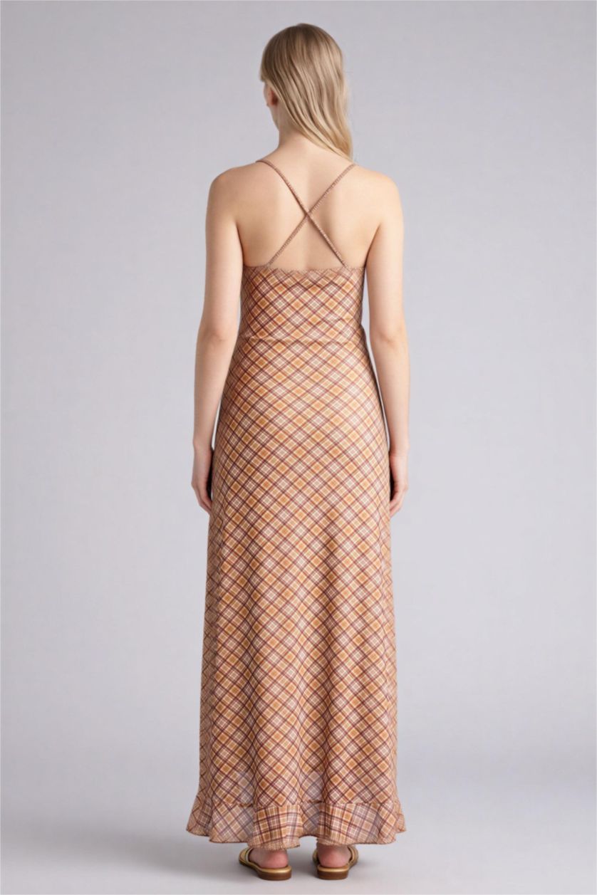 Женщины Коричневый Платье с коротким рукавом макси на бретельках с принтом животных Ажурная