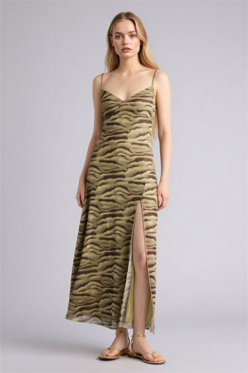 Әйелдерге Жасыл жануар v жаға бау Қысқа жеңді трикотаж көйлек