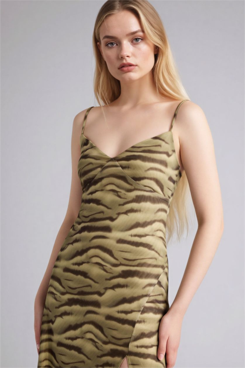 Әйелдерге Жасыл жануар v жаға бау Қысқа жеңді трикотаж көйлек