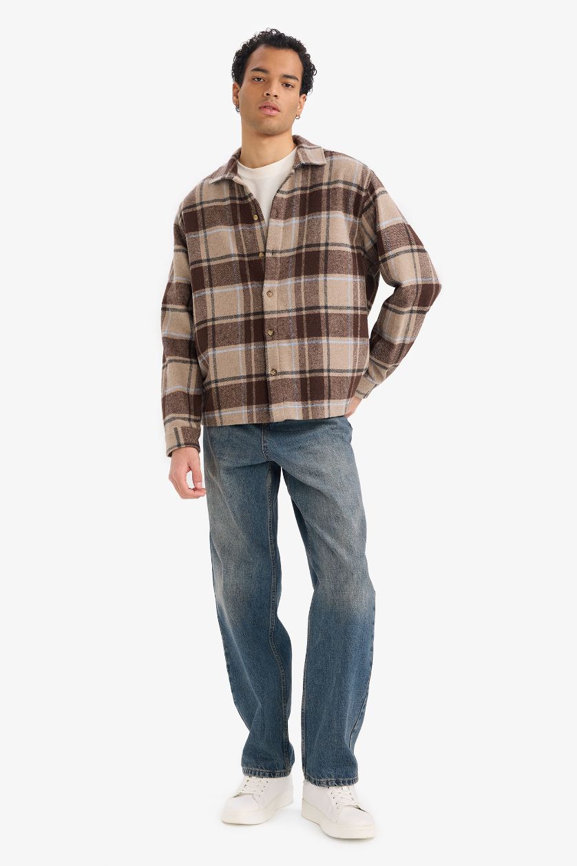 Man Dark Brown قميص ردن طويل اوفر سايز فلانيل