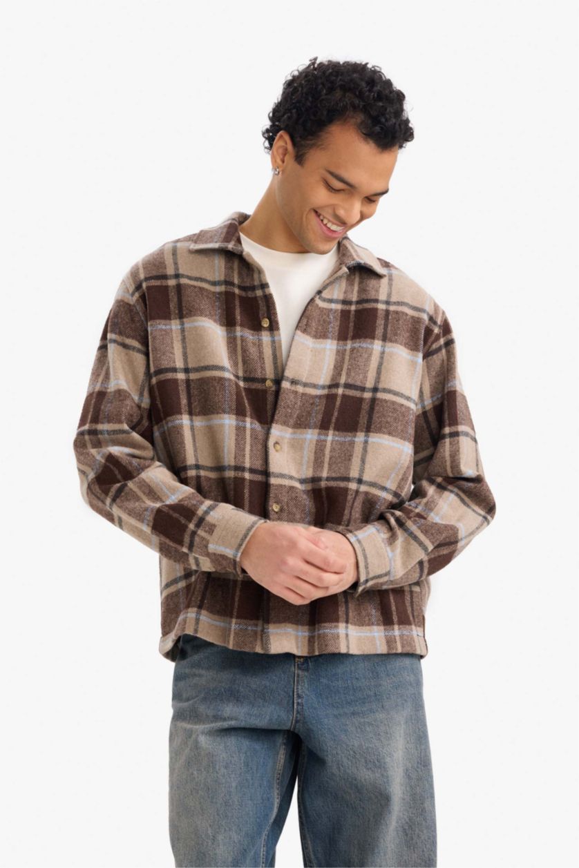 Man Dark Brown قميص ردن طويل اوفر سايز فلانيل