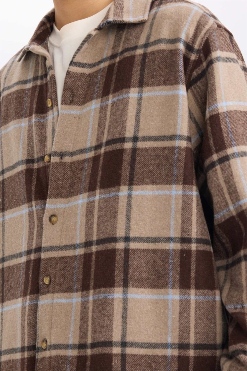 Man Dark Brown قميص ردن طويل اوفر سايز فلانيل