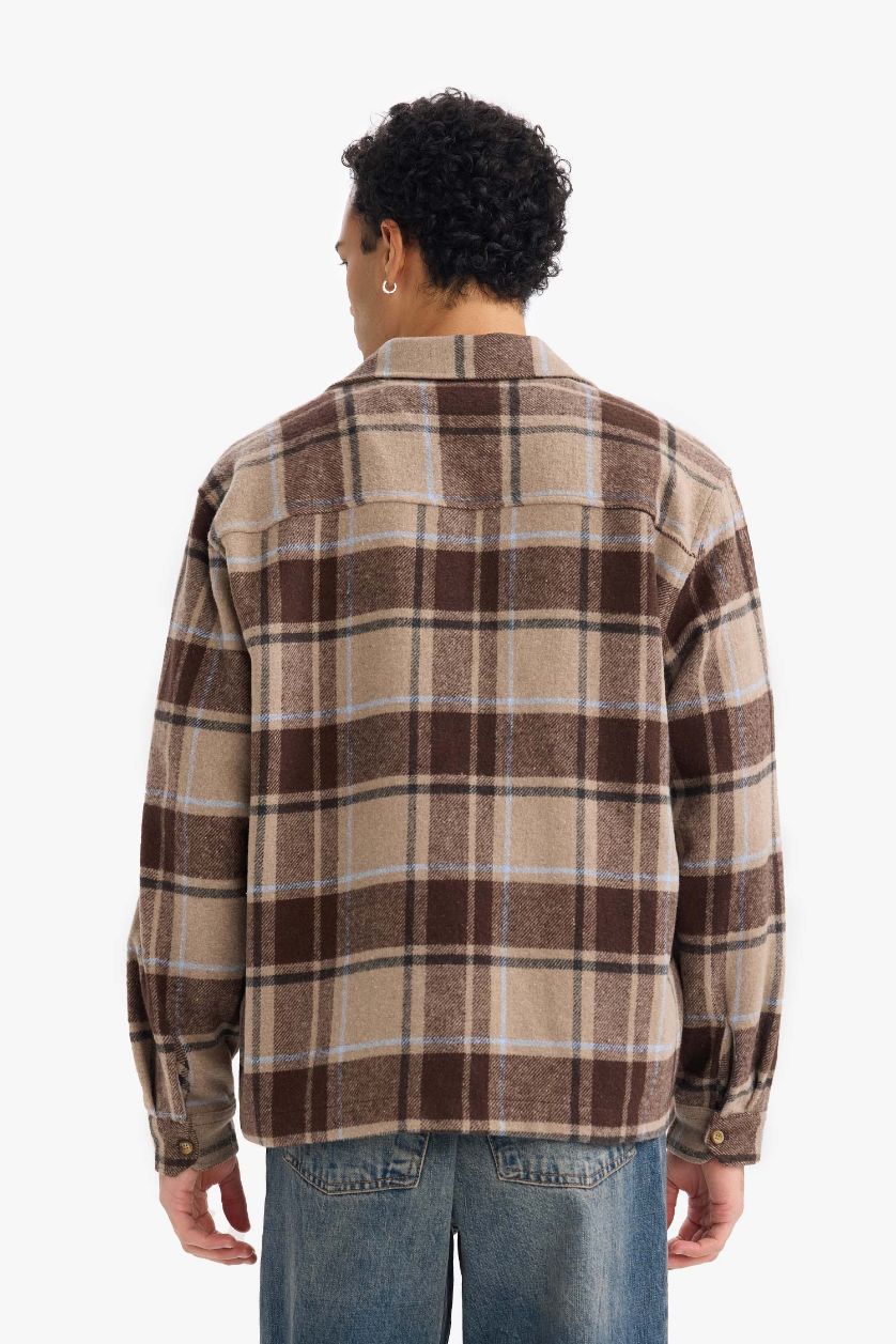 Man Dark Brown قميص ردن طويل اوفر سايز فلانيل