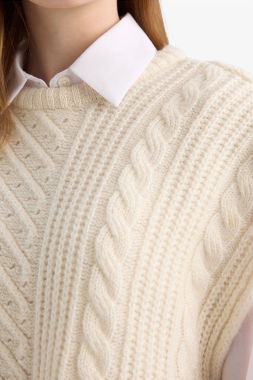Woman Beige Loose Fit Crew Neck Knitwear Cardigan
