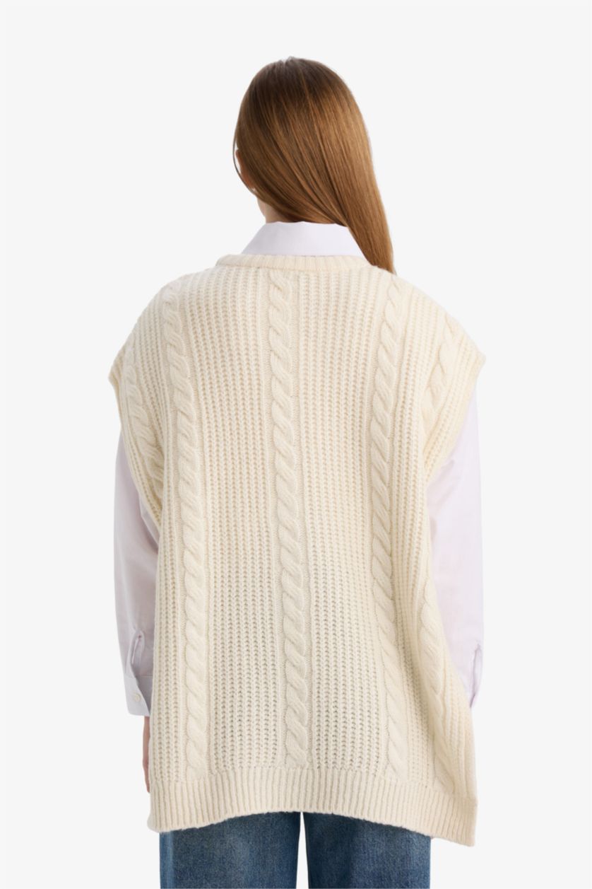 Woman Beige Loose Fit Crew Neck Knitwear Cardigan
