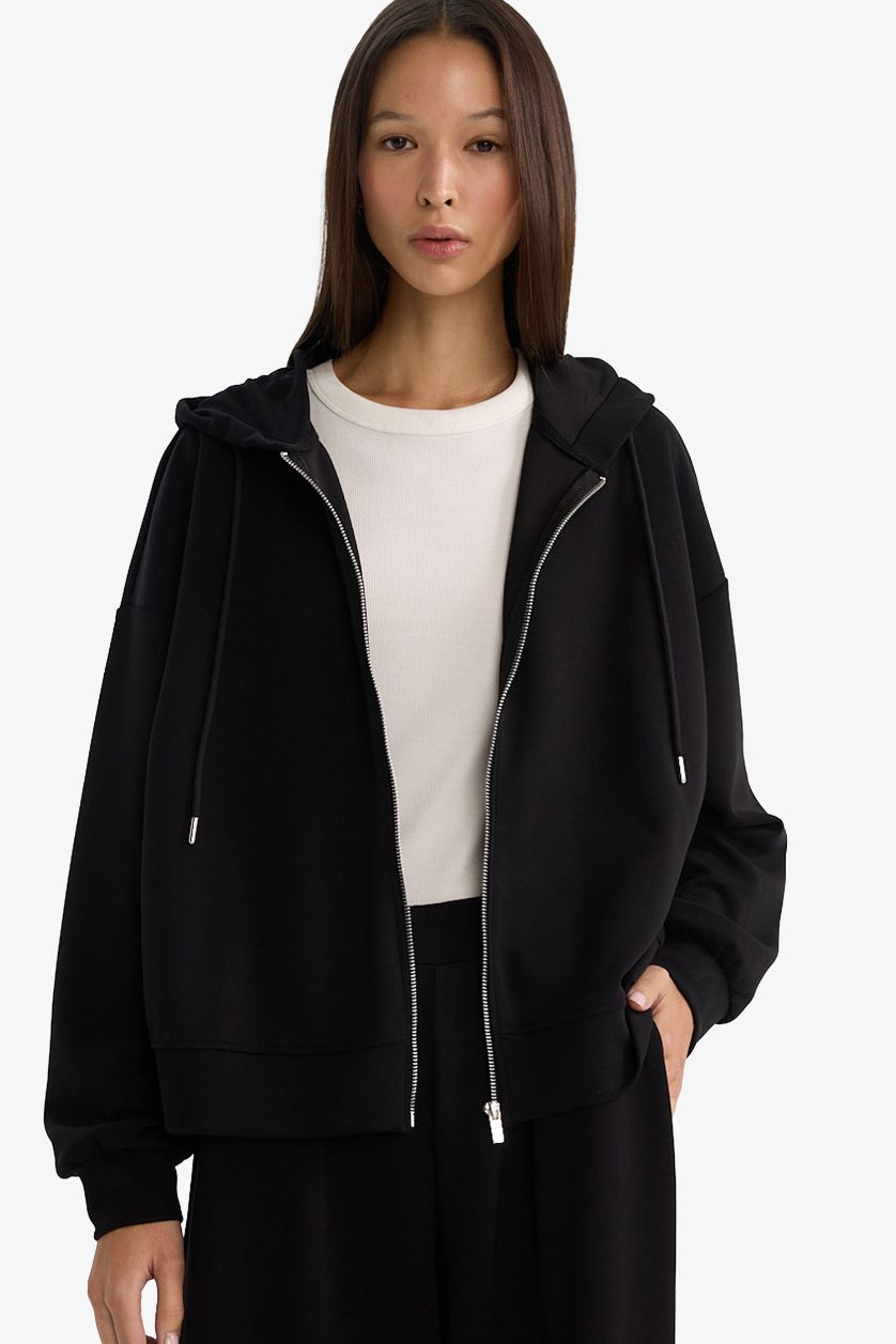 Kadın Siyah Relax Fit Kapüşonlu Fermuarlı Sweatshirt