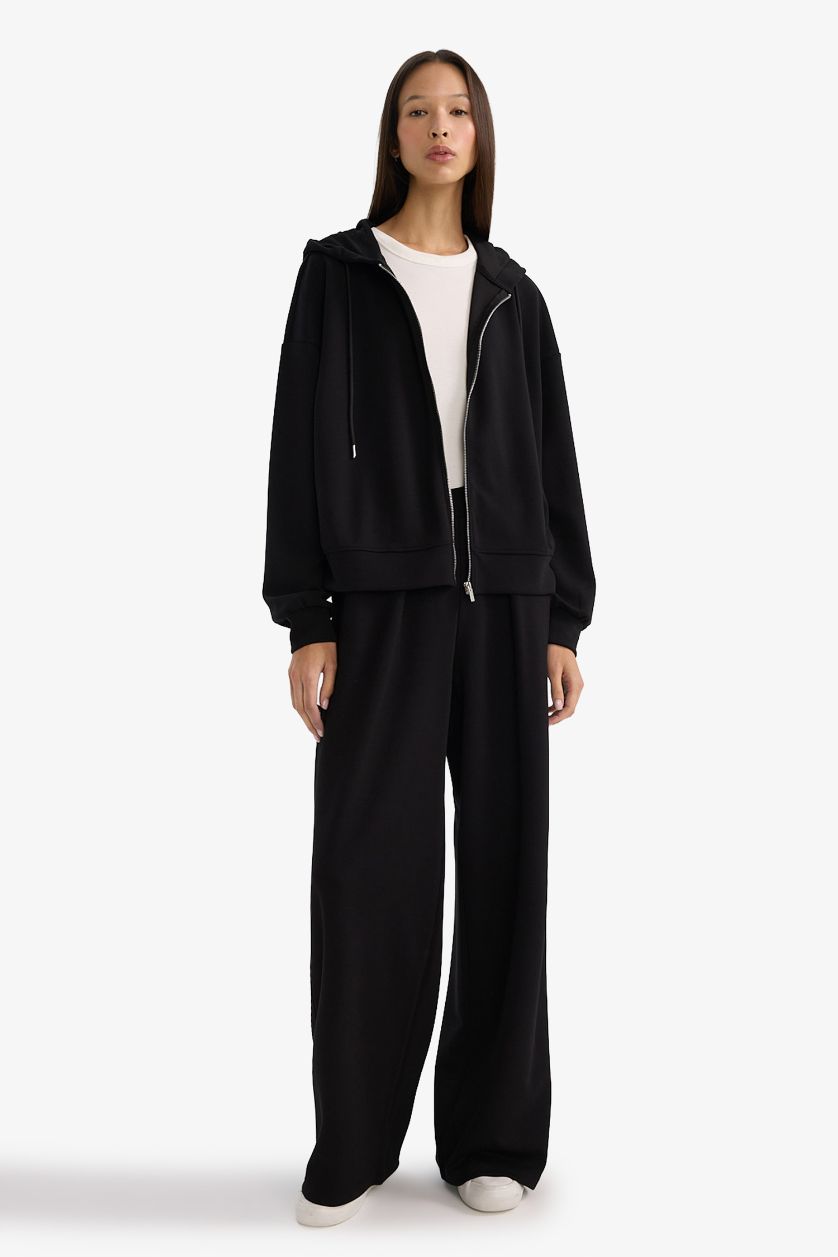 Kadın Siyah Relax Fit Kapüşonlu Fermuarlı Sweatshirt
