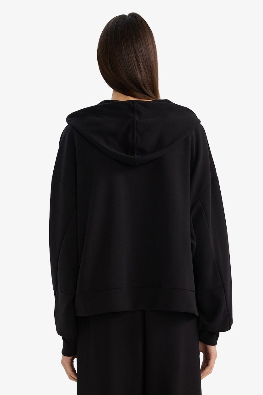 Kadın Siyah Relax Fit Kapüşonlu Fermuarlı Sweatshirt