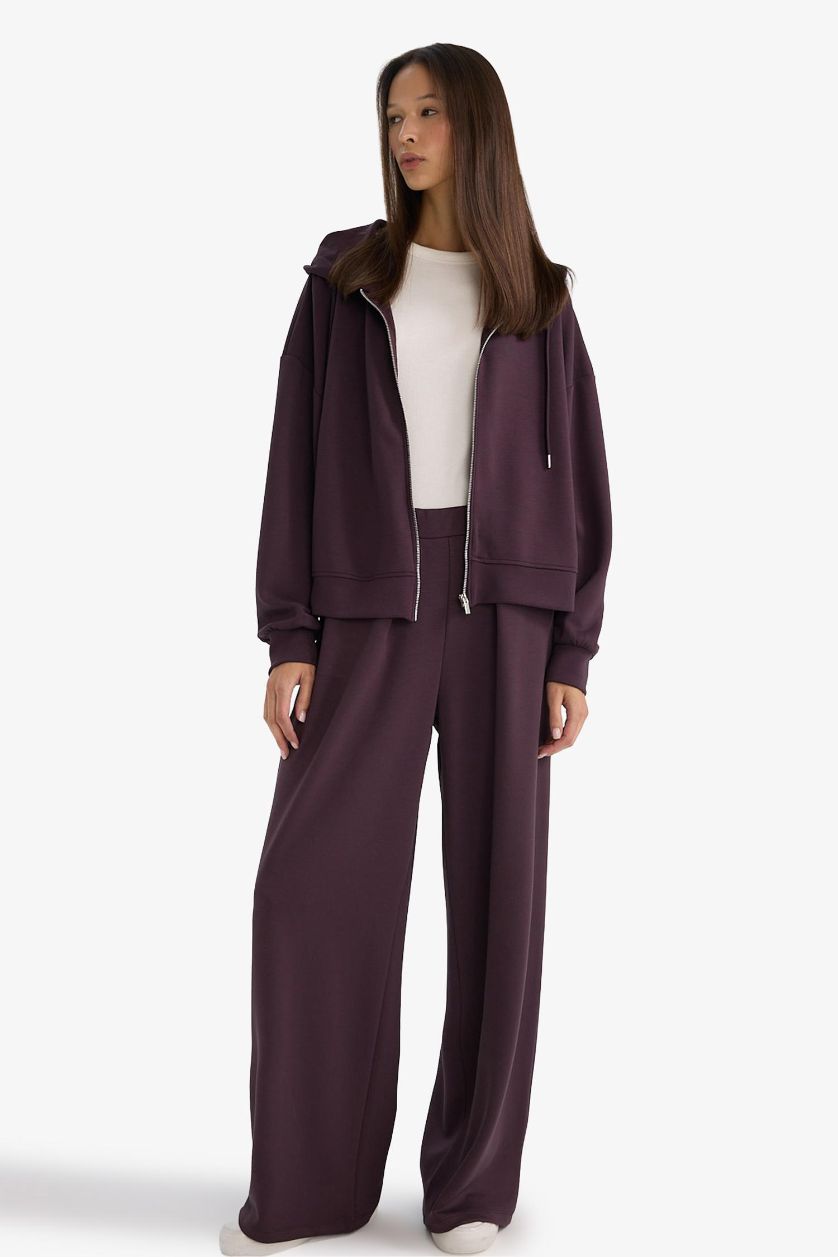 Kadın Koyu Mor Relax Fit Kapüşonlu Fermuarlı Sweatshirt
