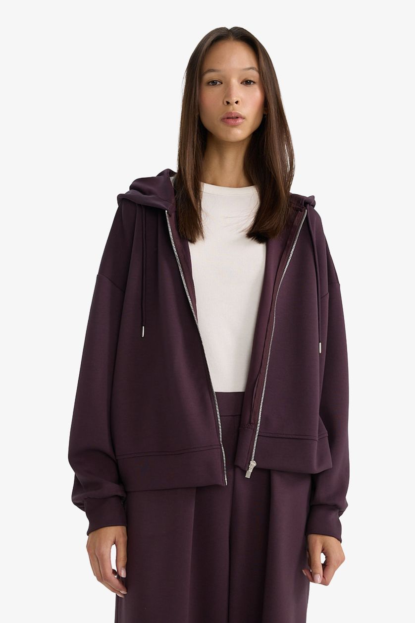 Kadın Koyu Mor Relax Fit Kapüşonlu Fermuarlı Sweatshirt