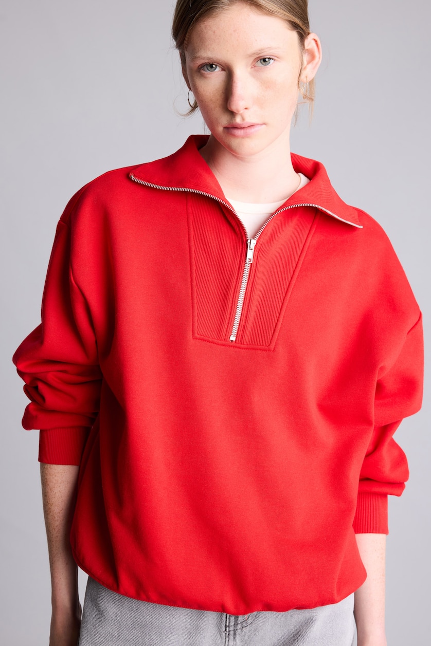 Kadın Kırmızı Yarım Fermuarlı Balıkçı Yaka Basıc Basic Sweatshirt