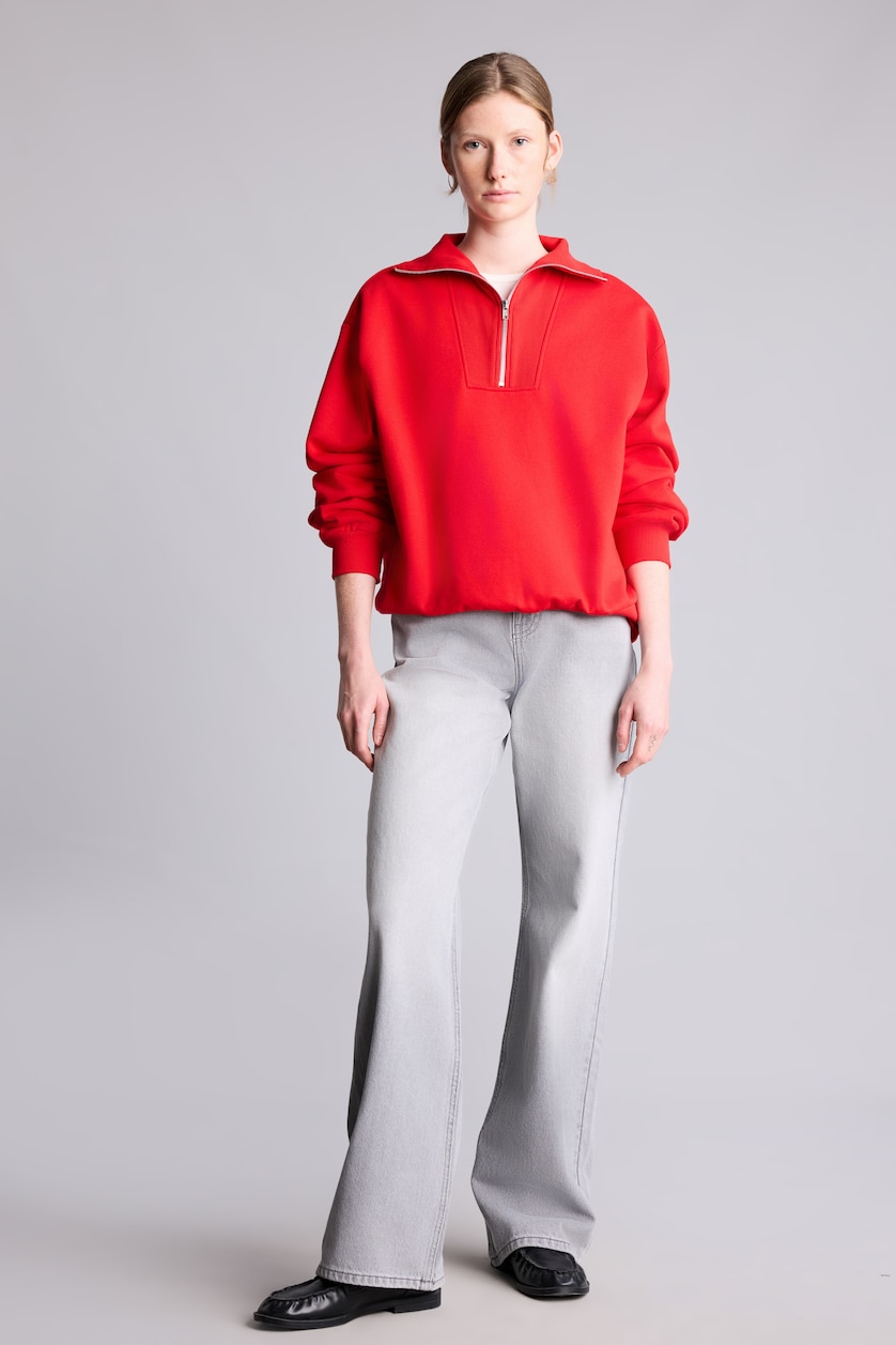 Kadın Kırmızı Yarım Fermuarlı Balıkçı Yaka Basıc Basic Sweatshirt