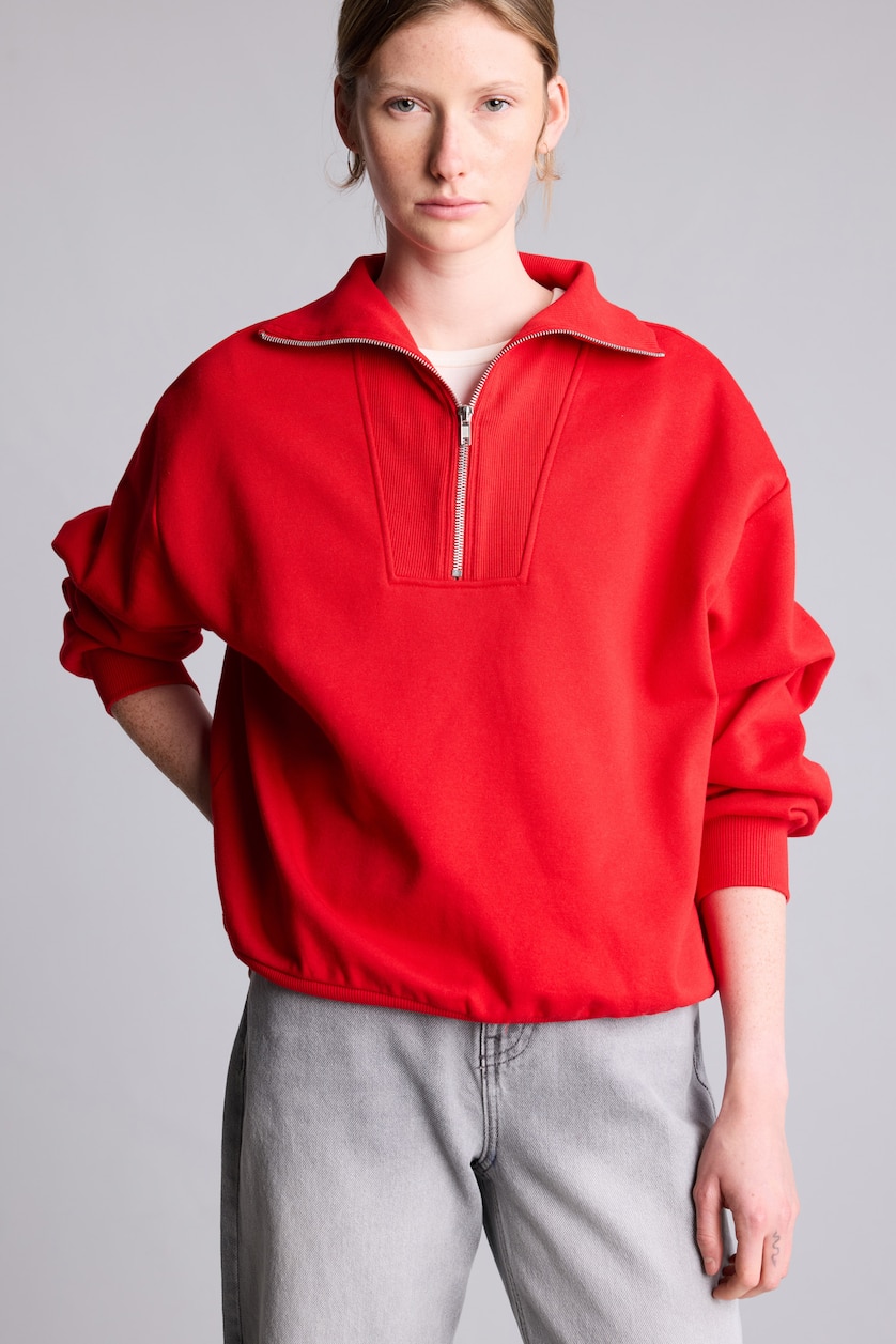 Kadın Kırmızı Yarım Fermuarlı Balıkçı Yaka Basıc Basic Sweatshirt