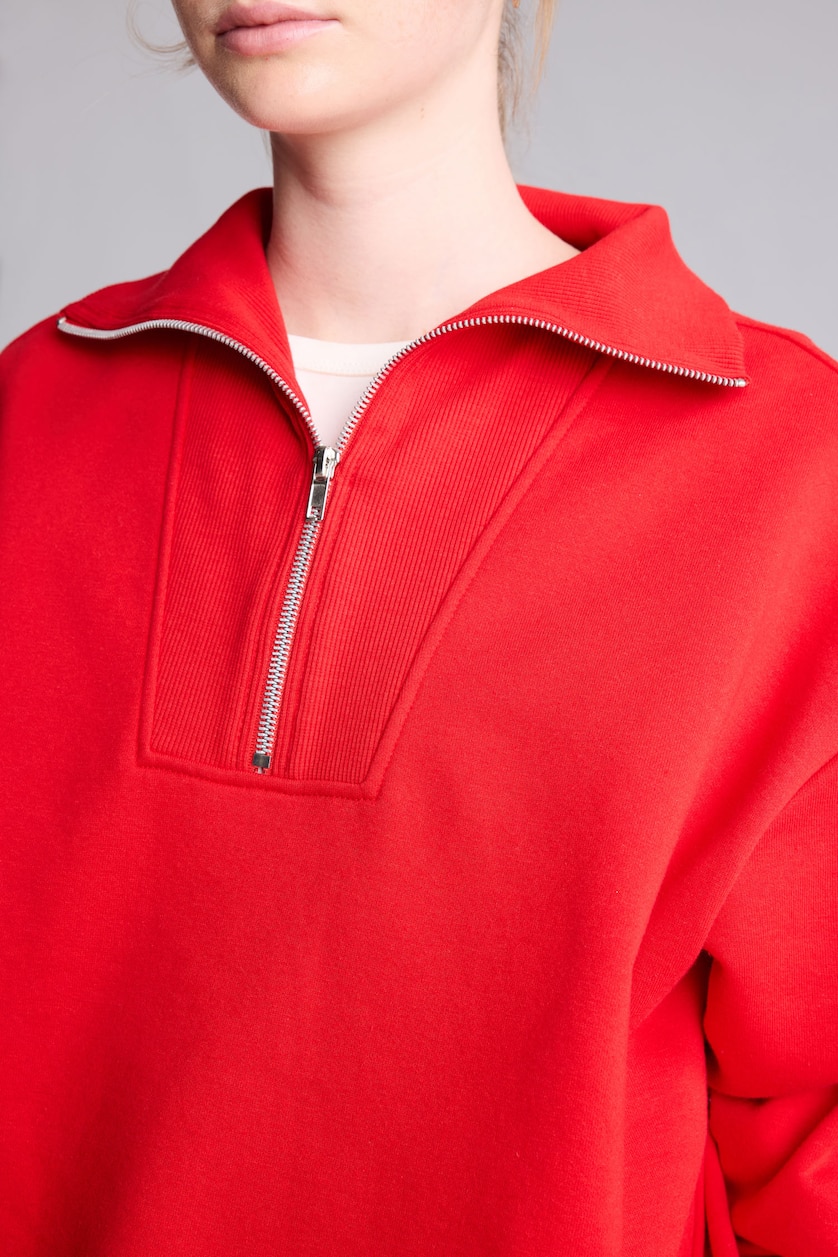 Kadın Kırmızı Yarım Fermuarlı Balıkçı Yaka Basıc Basic Sweatshirt
