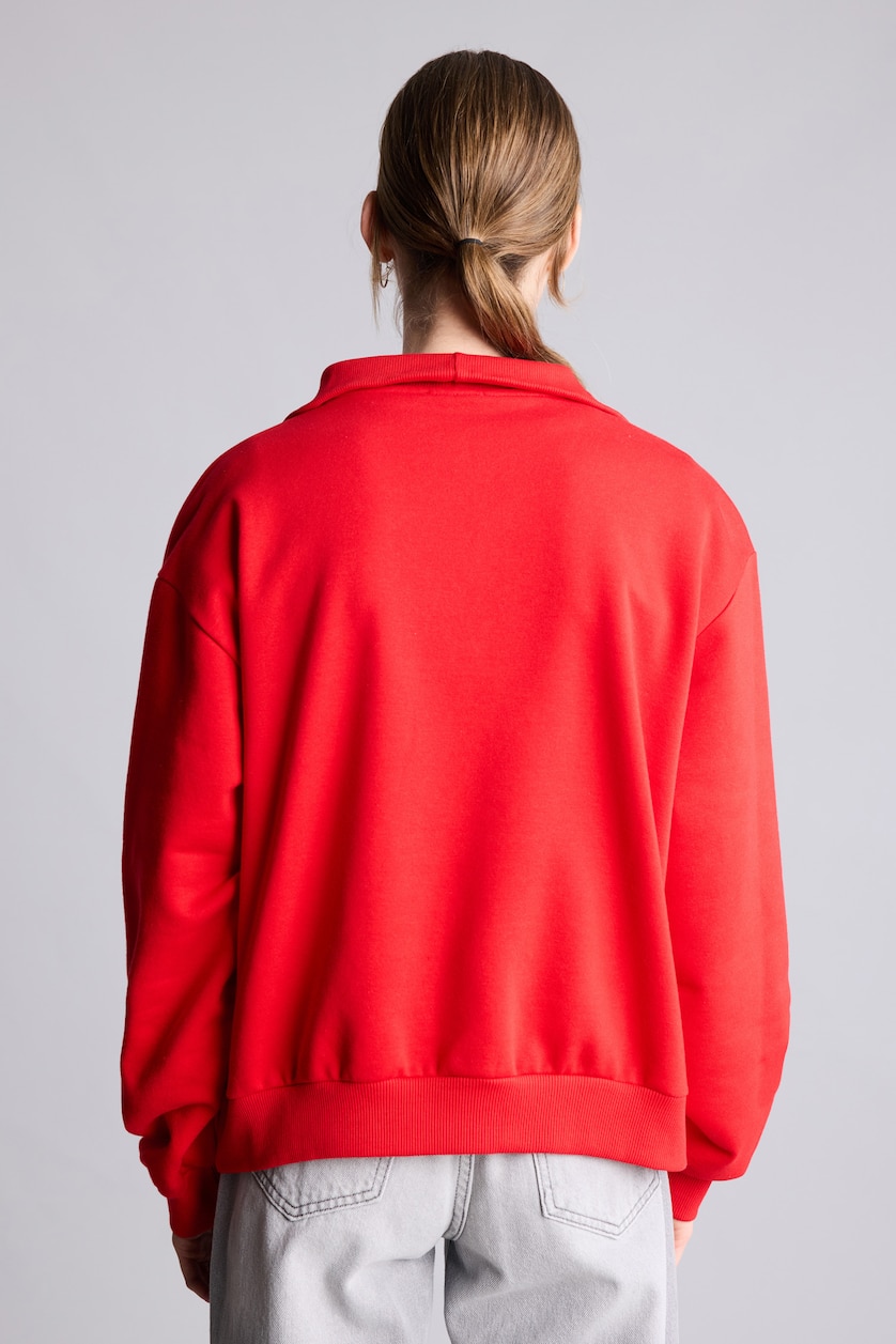 Kadın Kırmızı Yarım Fermuarlı Balıkçı Yaka Basıc Basic Sweatshirt