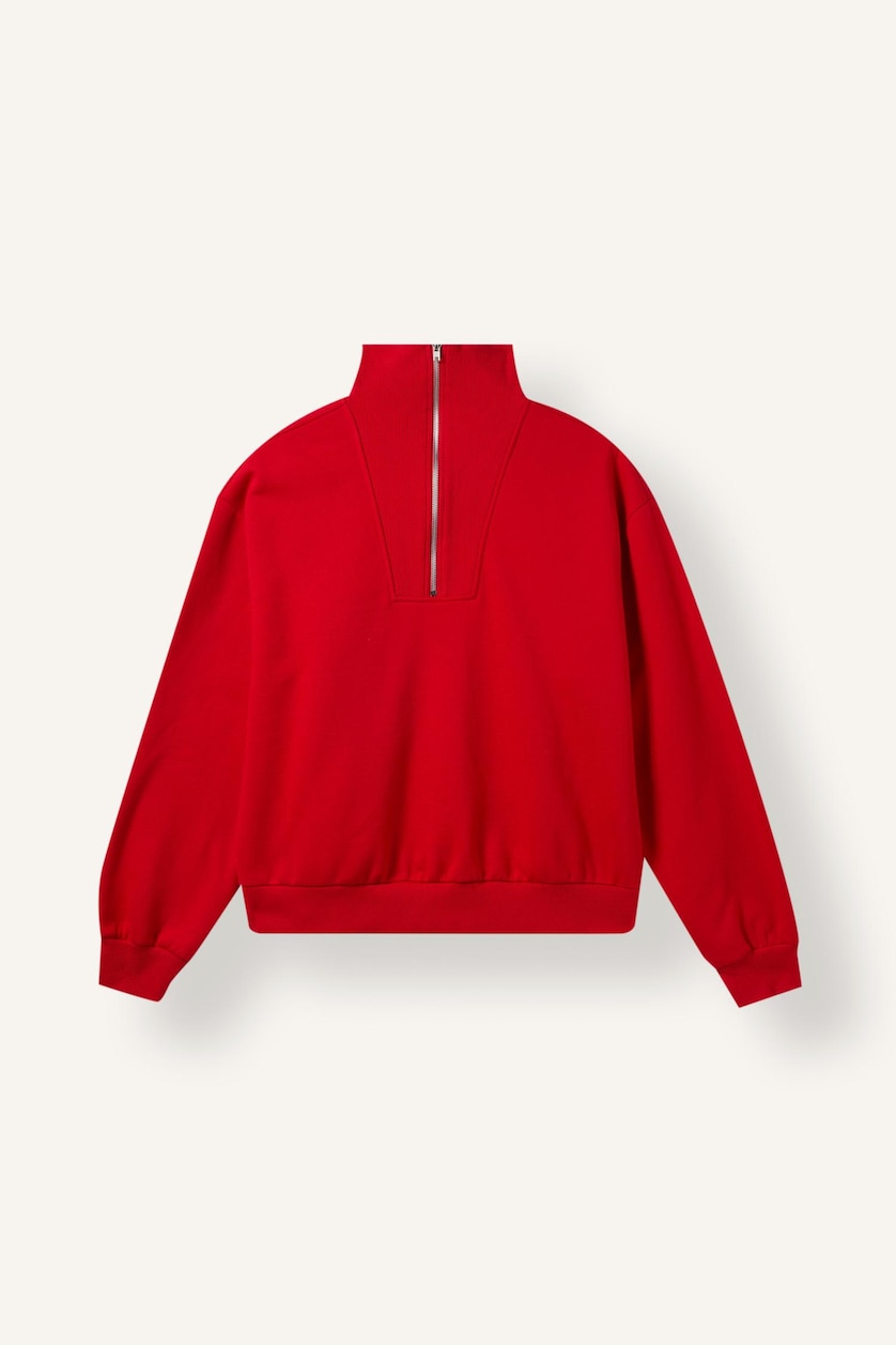 Kadın Kırmızı Yarım Fermuarlı Balıkçı Yaka Basıc Basic Sweatshirt