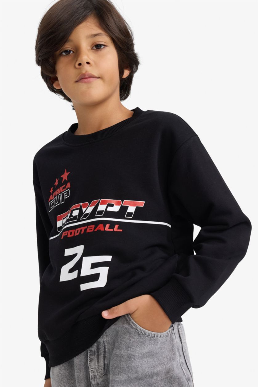 Erkek Çocuk - Genç Erkek Siyah Bisiklet Yaka Baskılı Sweatshirt Erkek Çocuk