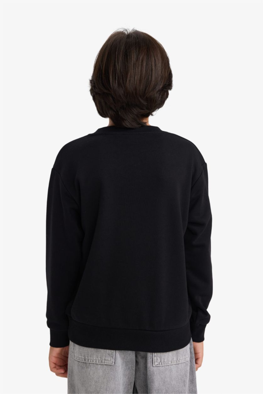 Erkek Çocuk - Genç Erkek Siyah Bisiklet Yaka Baskılı Sweatshirt Erkek Çocuk