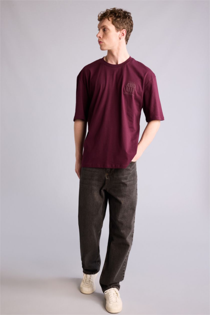 Erkek Bordo Boxy Fıt Kısa Kollu Tişört