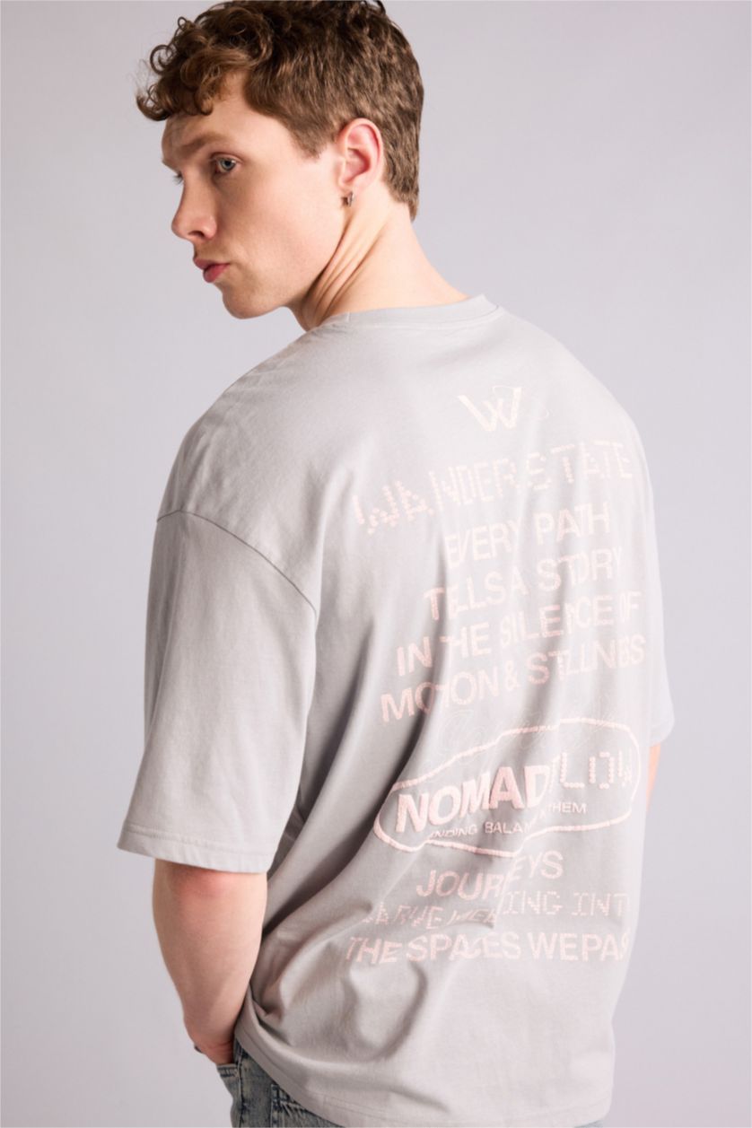 Ерлер Сұр 100% мақта Boxy Fit баспалы футболка