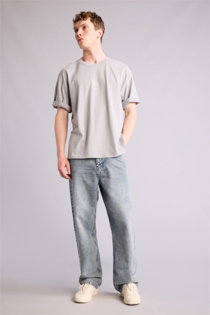 Ерлер Сұр 100% мақта Boxy Fit баспалы футболка