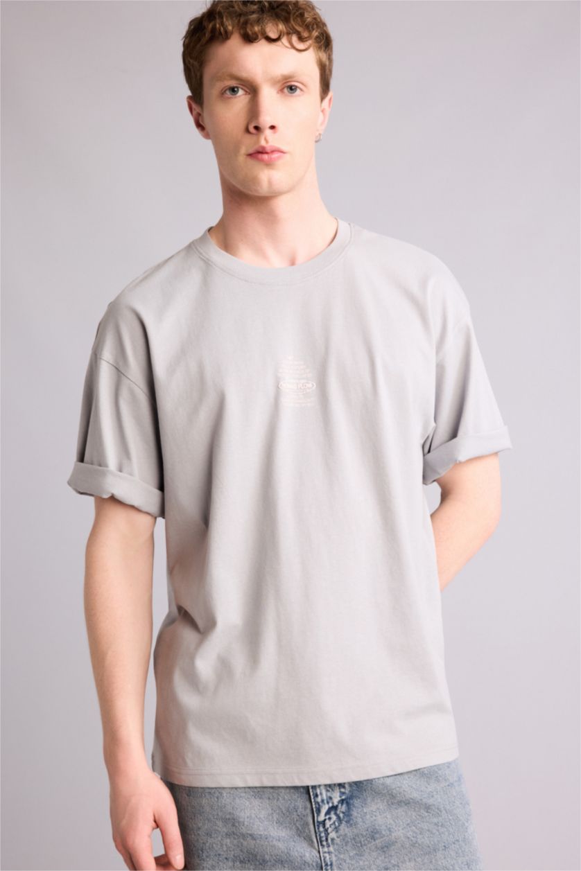 Ерлер Сұр 100% мақта Boxy Fit баспалы футболка