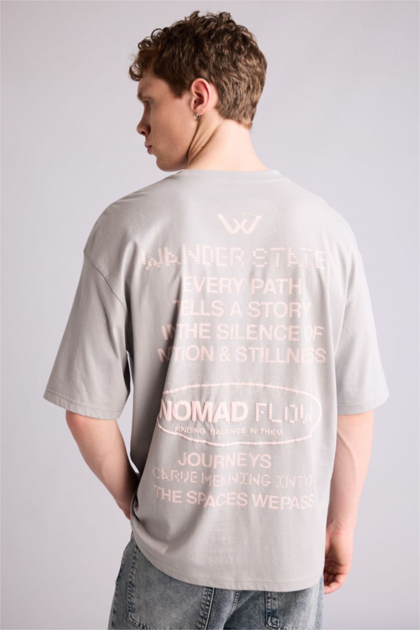 Ерлер Сұр 100% мақта Boxy Fit баспалы футболка