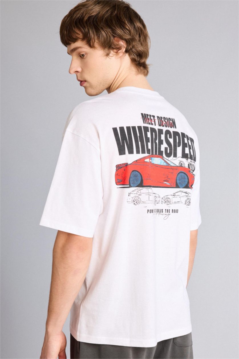 Мужчины Белый Футболка Boxy Fit с принтом из 100% хлопка
