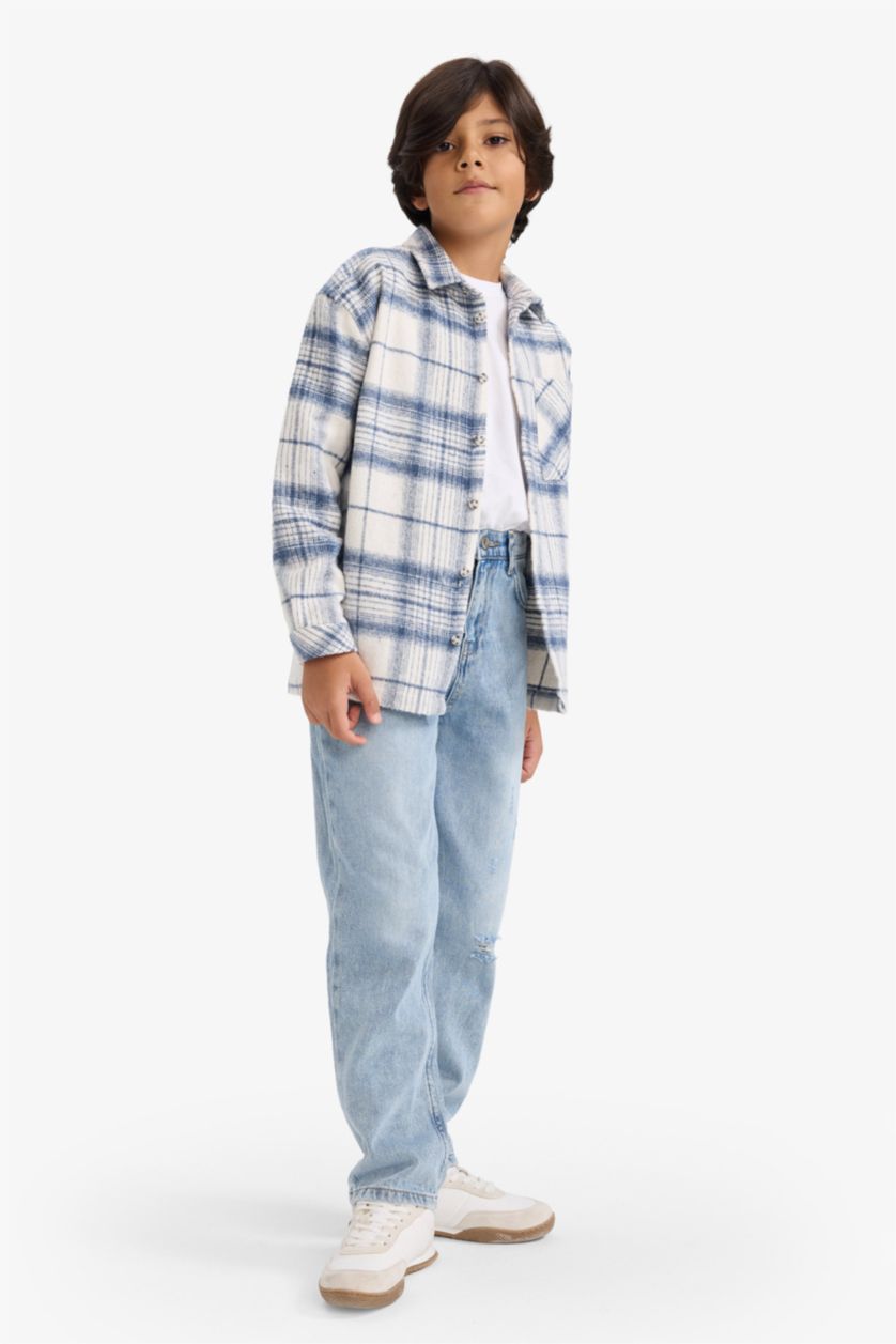 Boys & Teens Indigo Oversize Fit Plaid Long Sleeve Shirt