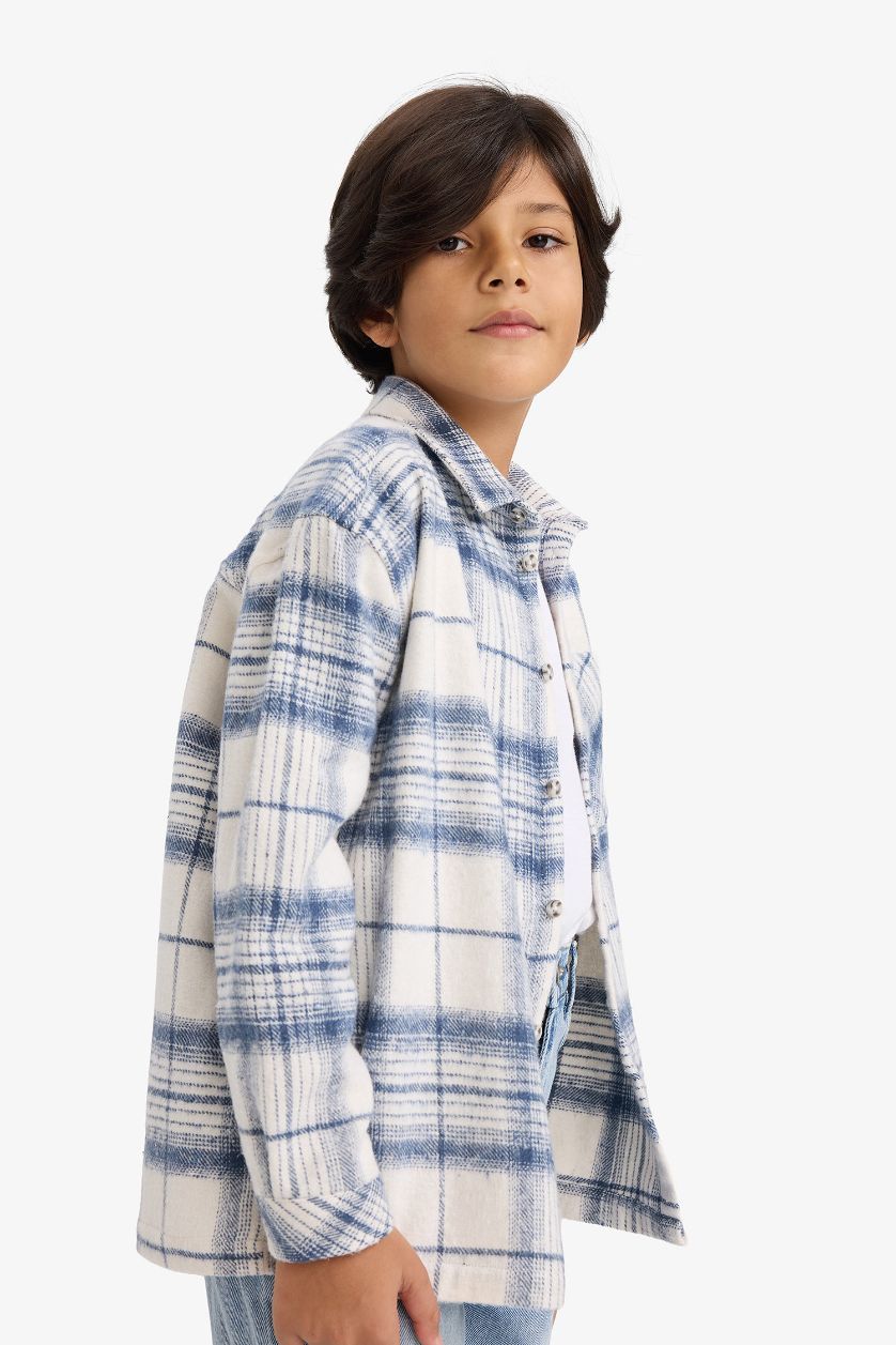Boys & Teens Indigo Oversize Fit Plaid Long Sleeve Shirt
