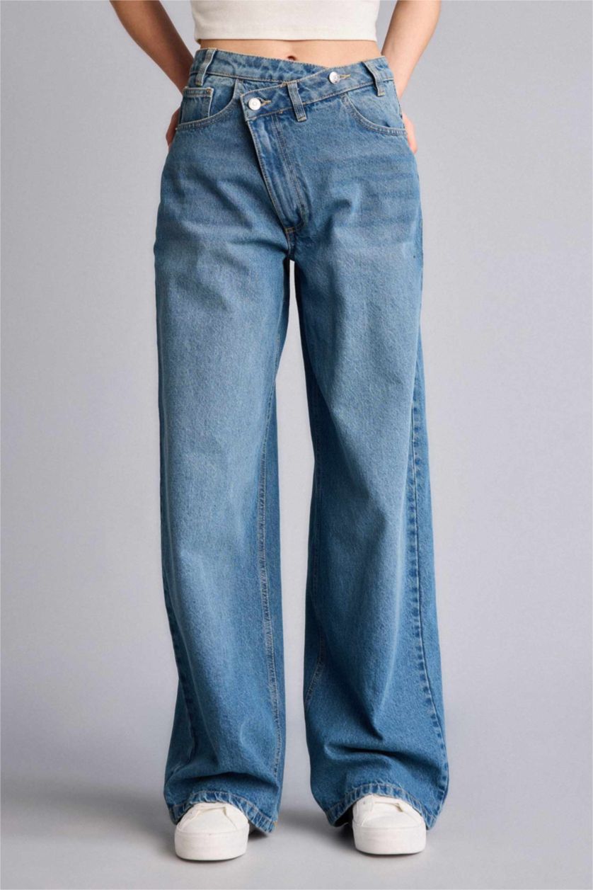 Kadın Mavi Wıde Leg Yüksek Bel Düz Paça Uzun Jean Kar Yıkamalı Pantolon