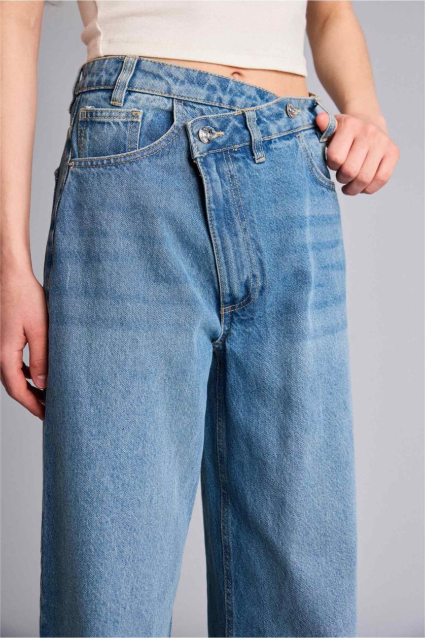 Kadın Mavi Wıde Leg Yüksek Bel Düz Paça Uzun Jean Kar Yıkamalı Pantolon