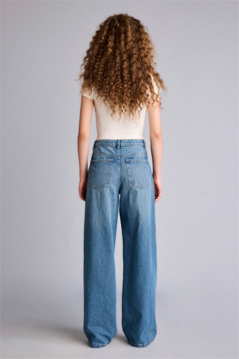 Kadın Mavi Wıde Leg Yüksek Bel Düz Paça Uzun Jean Kar Yıkamalı Pantolon