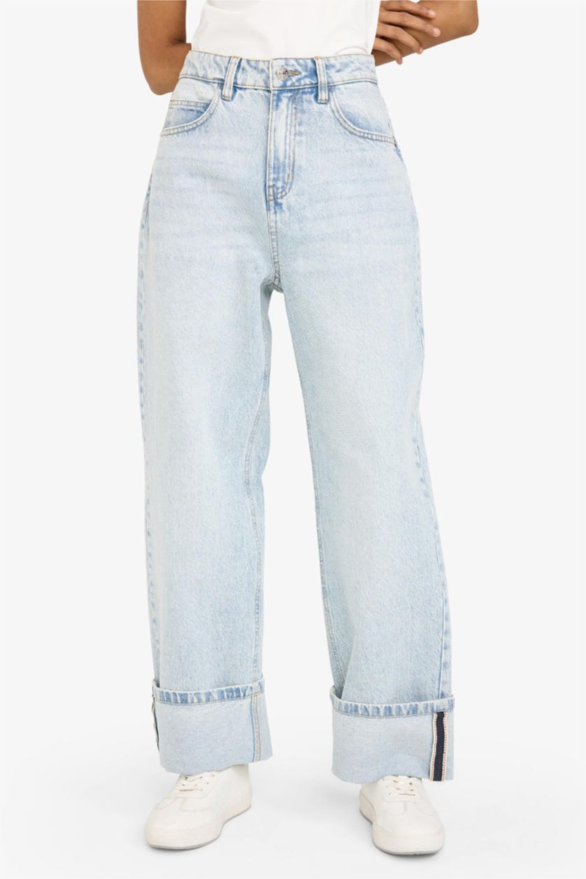 Әйелдерге Ашық Көк релакс пішімі деним тұрақты етек Шалбар