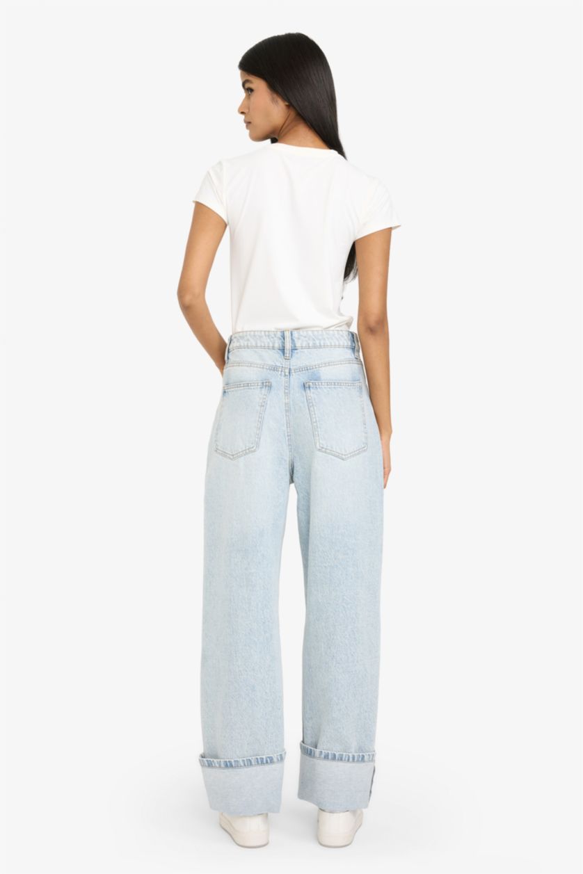 Әйелдерге Ашық Көк релакс пішімі деним тұрақты етек Шалбар