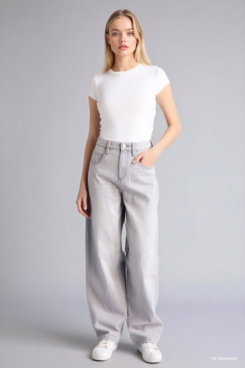Women Grey 100% Cotton High Waist Baggy Fit Jeans
