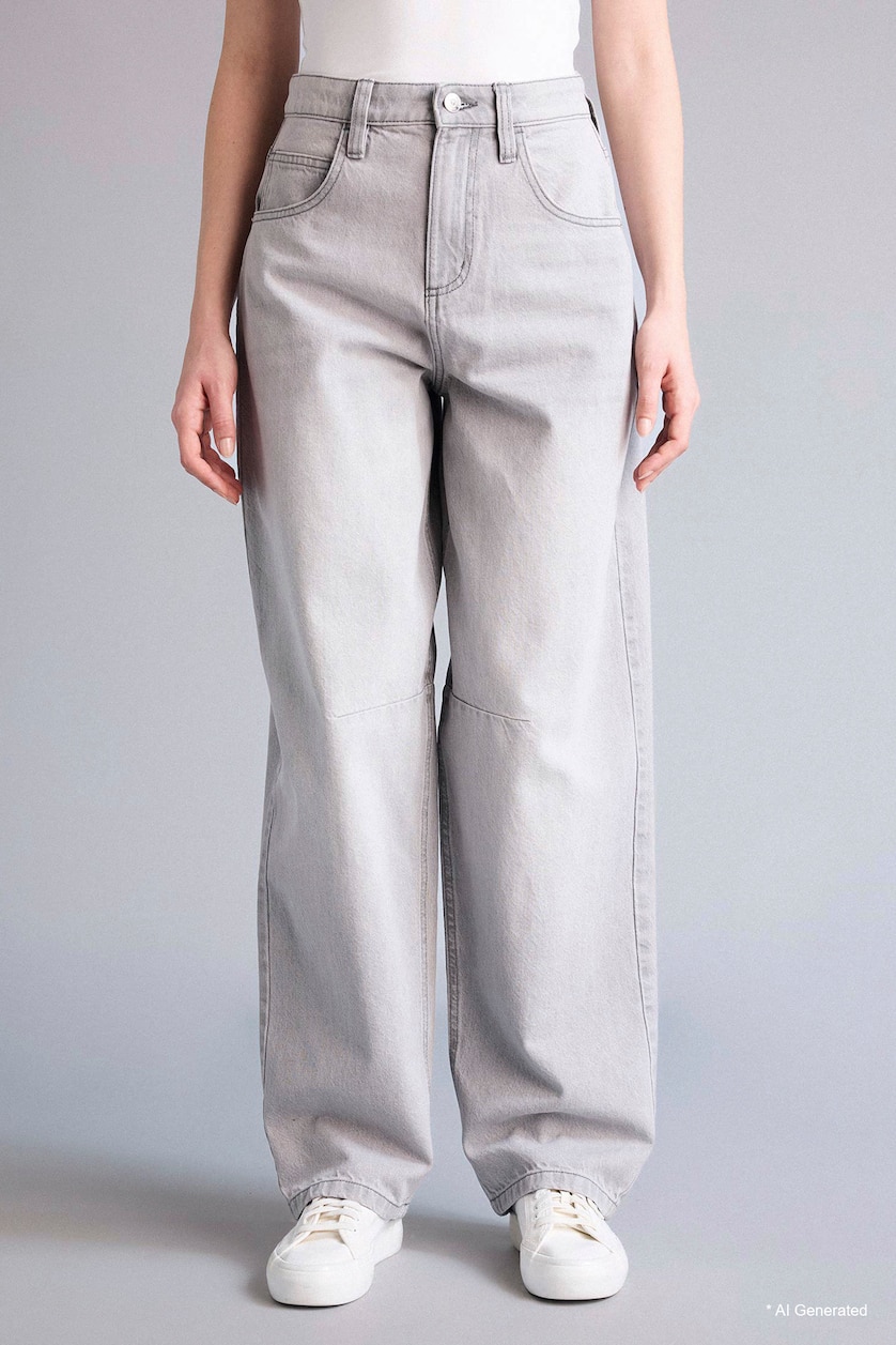 Women Grey 100% Cotton High Waist Baggy Fit Jeans
