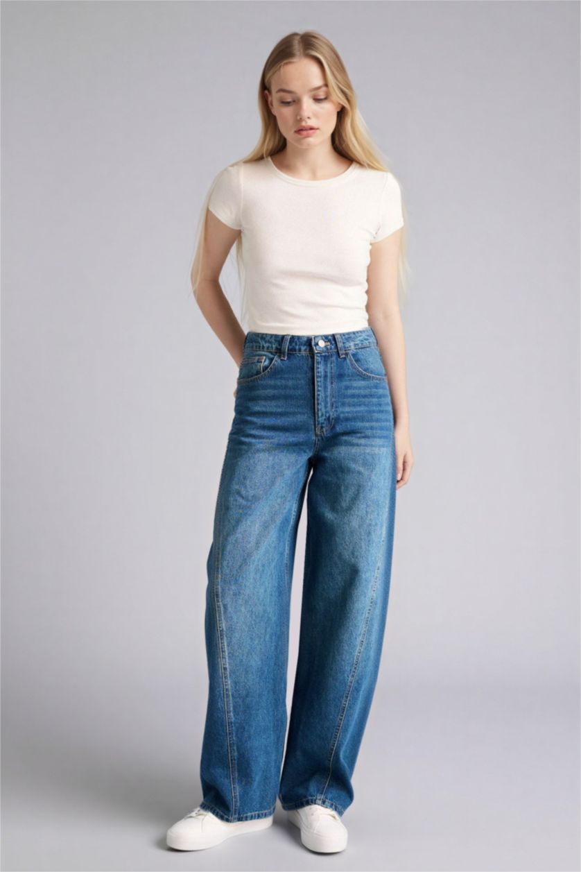 Әйелдерге Көк barrel fıt деним тұрақты етек Шалбар