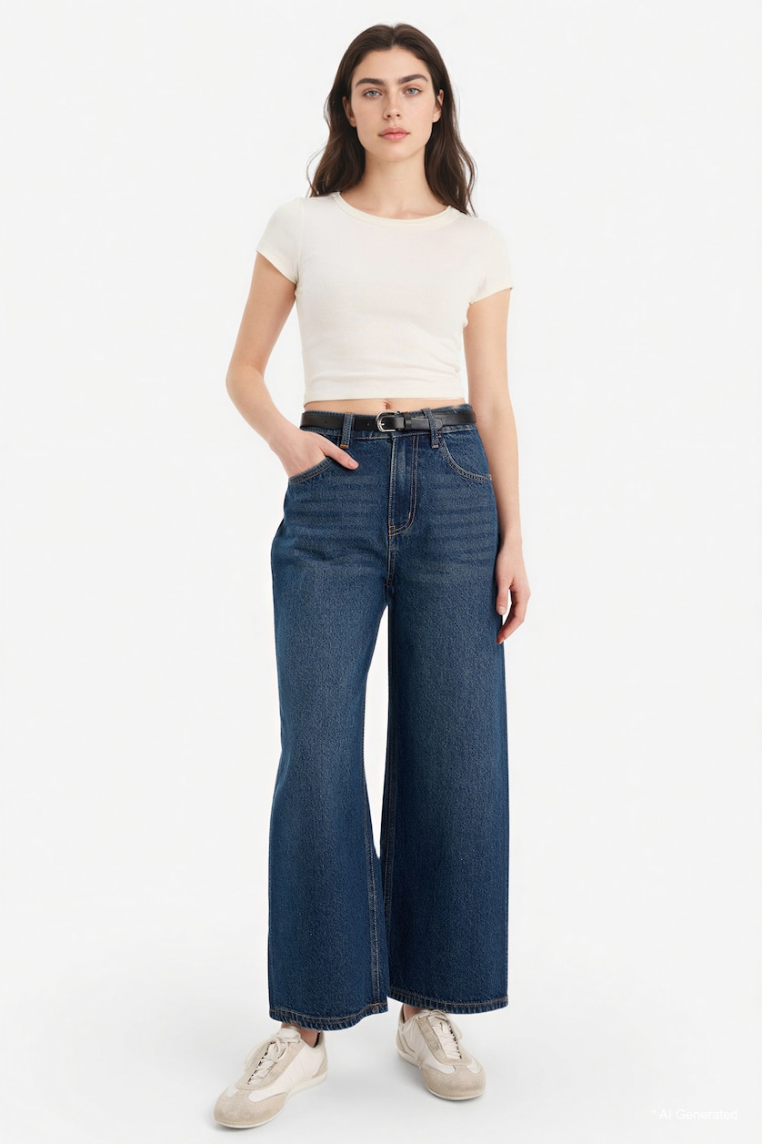 FEMME Bleu Jean culotte taille haute lavé