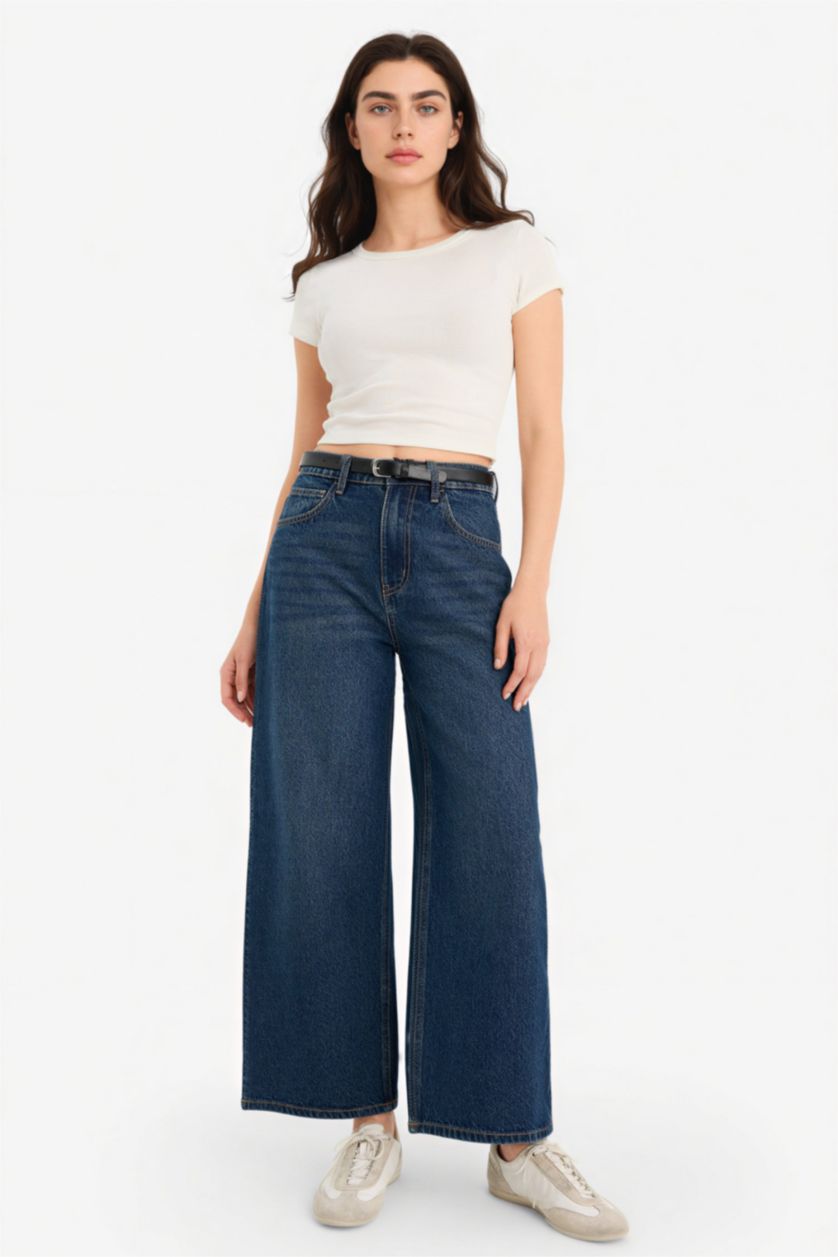 Женщины Голубрй Брюки Кюлоты c высокой талией для женщин