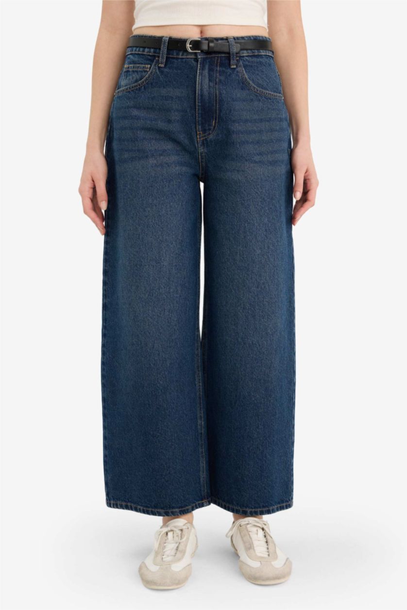 Женщины Голубрй Брюки Кюлоты c высокой талией для женщин