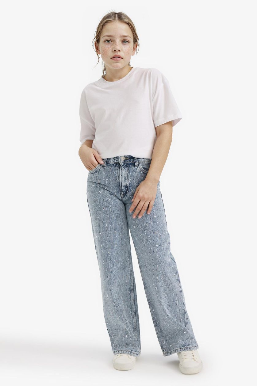 Kız Çocuk - Genç Kız Açık Mavi Straight Wide Fit Geniş Paça Jean Pantolon Kız Çocuk