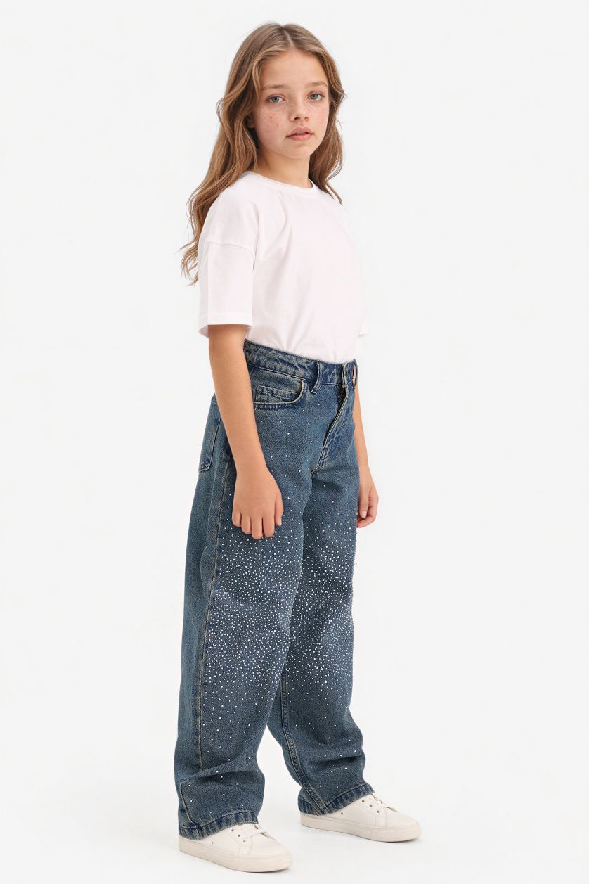 Girls & Teens Blue Baggy Fit Denim Trousers