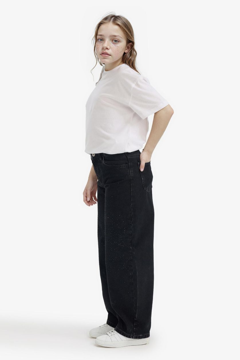 Kız Çocuk - Genç Kız Antrasit Baggy Fit Geniş Paça Jean Pantolon Kız Çocuk