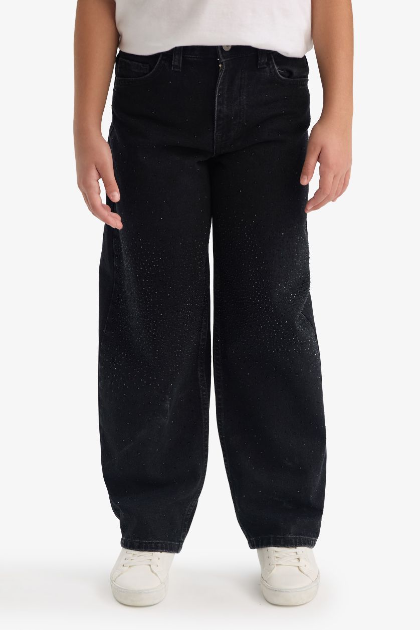 Kız Çocuk - Genç Kız Antrasit Baggy Fit Geniş Paça Jean Pantolon Kız Çocuk