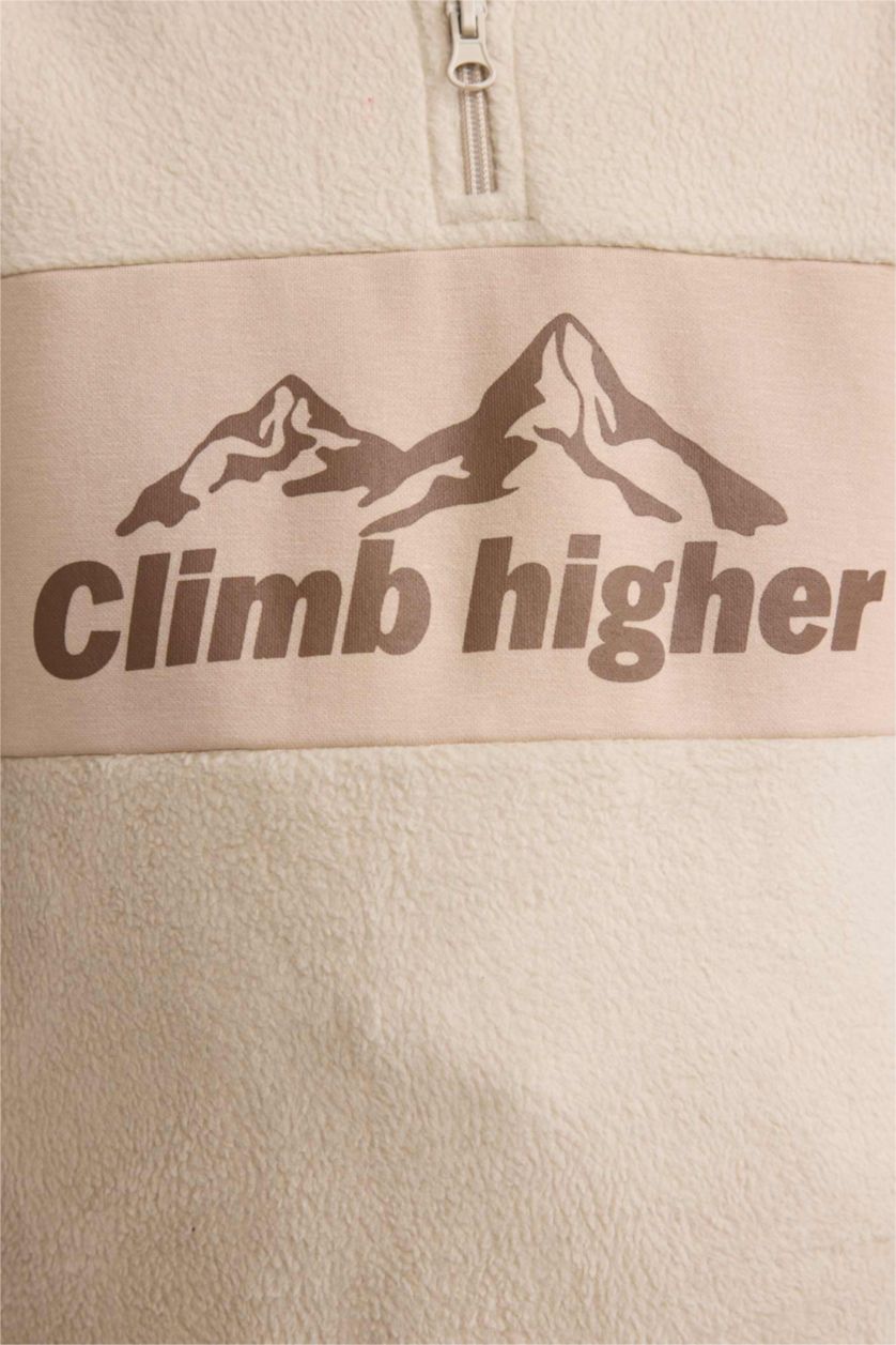 Erkek Çocuk - Genç Erkek Kum Yarım Fermuarlı Baskılı Polar Sweatshirt Erkek Çocuk