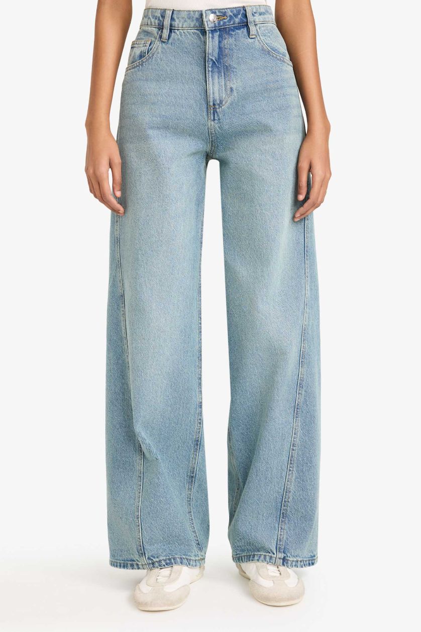 Женщины Светло-индиговый Длинные джинсы Wide Leg с высокой талией и прямыми штанинами
